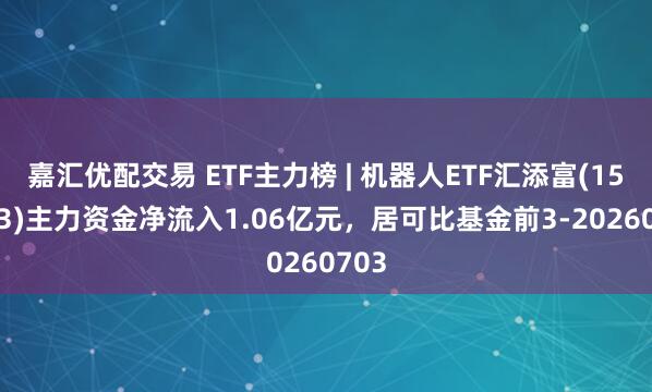 嘉汇优配交易 ETF主力榜 | 机器人ETF汇添富(159213)主力资金净流入1.06亿元，居可比基金前3-20260703